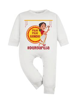 Arvesa - White My First Pujo Pujo Gondo Durga Puja Printed Romper