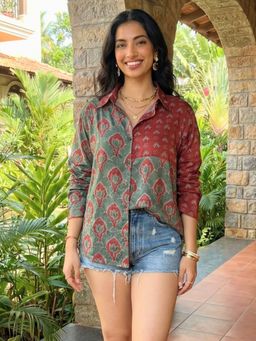 Ishnya - Jazba-Green Lotus Dual Printed Shirt