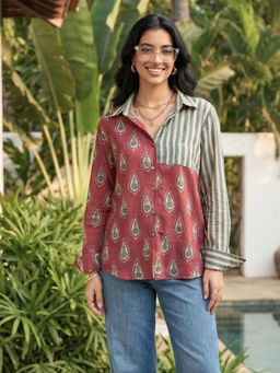 Ishnya - Jazba - Burgundy Dual Printed Stripe Shirt