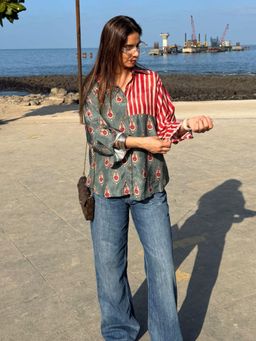 Ishnya - Jazba -Moss Green Dual Printed Stripe Shirt