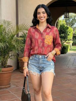 Ishnya - Jazba- Coral Red Leaf Pocket Printed Shirt