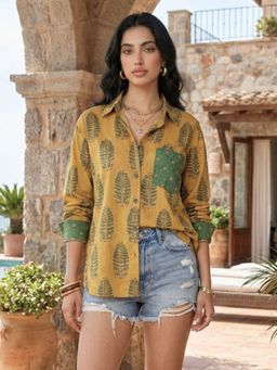 Ishnya - Jazba- Ochre Yellow Leaf Pocket Printed Shirt