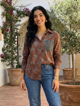 Ishnya - Jazba- Coffee Brown Pocket Printed Shirt