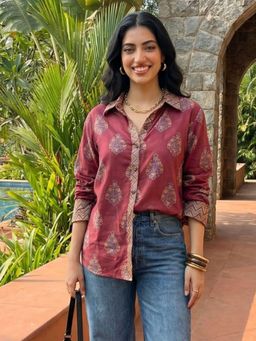 Ishnya - Jazba - Berry Maroon Floral Motif Shirt