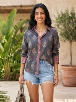 Ishnya - Jazba-Charcoal Grey Floral Motif Shirt