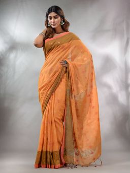 CHARUKRITI - Orange Tissue Handwoven Soft Saree with Texture Designs & Unstitched Blouse