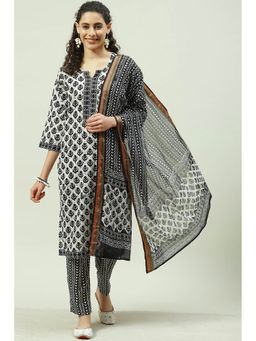 Biba - Black Cotton Unstitched Suit (Set of 3)