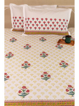ADYA - Marsala Marigold Hand Block Printed Cotton Bedsheet with Pillow Covers