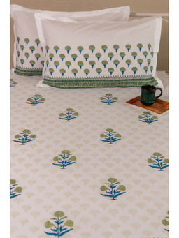 ADYA - Mint & Mystic Blue Marigold Hand Block Printed Cotton Bedsheet with Pillow Covers