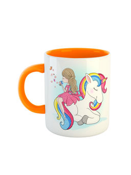 ARTBUG - Orange Cute Girl Sitting On Unicorn Printed Coffee Mug