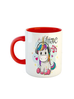 ARTBUG - Red Cute Cartoon Unicorn Baby Listening Music Printed Ceramic Coffee Mug