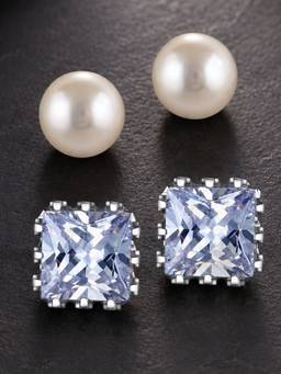OOMPH - White Pearl and Crown Cubic Zirconia Anti Tarnish Stud Earrings (Pack of 2)
