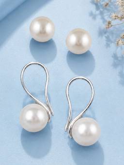 OOMPH - White Pearl Anti Tarnish Drop and Stud Earrings (Pack of 2)