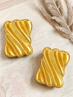 OOMPH - Gold Ridged Rectangular Anti Tarnish Stud Earrings