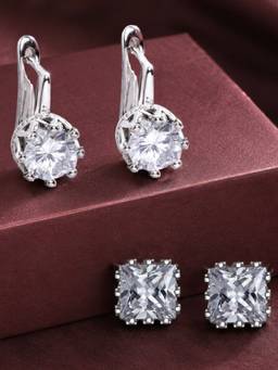 OOMPH - Silver Crown Cubic Zirconia Anti Tarnish Stud and Drop Earrings (Pack of 2)