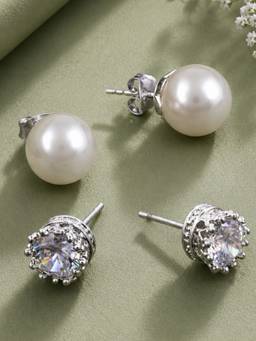OOMPH - White Pearl and Crown Cubic Zirconia Anti Tarnish Stud Earrings (Pack of 2)