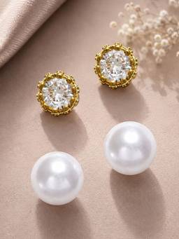 OOMPH - White Pearl and Crown Cubic Zirconia Anti Tarnish Stud Earrings (Pack of 2)