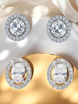 OOMPH - Anti Tarnish Silver Solitaire Cubic Zirconia Ear Stud Earrings (Pack of 2)