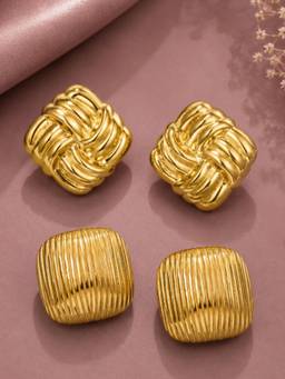 OOMPH - Gold Anti Tarnish Knotted and Stripped Square Big Stud Earrings (Pack of 2)