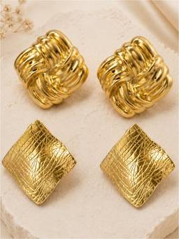 OOMPH - Gold Anti Tarnish Knotted and Crumpled Square Big Stud Earrings (Pack of 2)