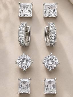 OOMPH - Silver Anti Tarnish Cubic Zirconia Stud and Hoop Earrings (Pack of 4)