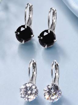 OOMPH - Silver and Black Anti Tarnish Cubic Zirconia Drop Earrings (Pack of 2)