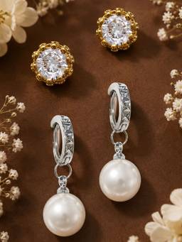 OOMPH - Anti Tarnish White Pearl and Cubic Zirconia Stud and Drop Earrings (Pack of 2)