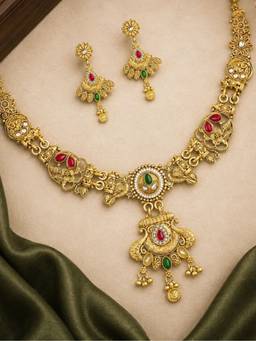 OOMPH - Gold Tone Peacock Design Heritage Rajwadi Kashmiri Jewellery Set