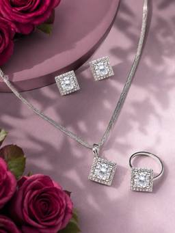 OOMPH - Anti Tarnish Square Cubic Zirconia Necklace Set