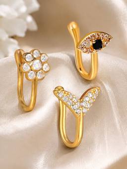 OOMPH - Anti Tarnish Evil Eye Fish Fin Floral Shape Nose Pins (Pack of 3)