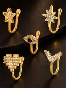 OOMPH - Anti Tarnish Cubic Zirconia Heart Star Evil Eye Shape Nose Pins (Pack of 5)