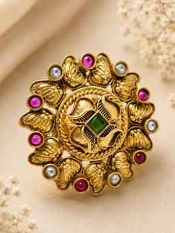 OOMPH - Antique Gold Multi-Color Kundan Traditional Adjustable Ring