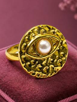 OOMPH - Gold Textured Pearl Evil Eye Design Anti Tarnish Adjustable Ring