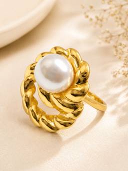 OOMPH - Gold Pearl Twisted Design Anti Tarnish Adjustable Ring