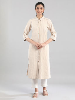 Aurelia - White And Beige Stripe Print Kurta