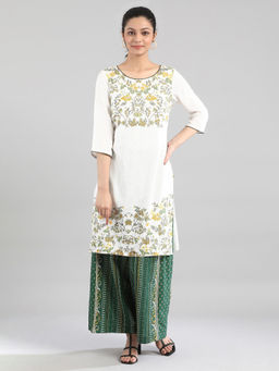 Aurelia - White Kurta With Print On Yoke And Hem