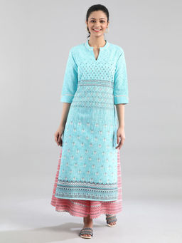 Aurelia - Blue Printed Kurta In Band With V Collar