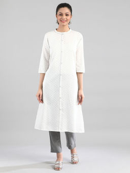 Aurelia - White Printed Button Placket Kurta