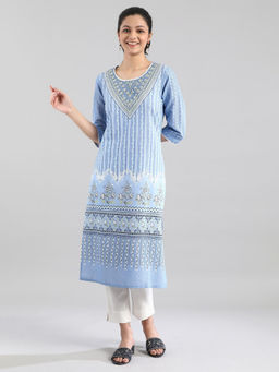 Aurelia - Blue Printed Round Neck Kurta