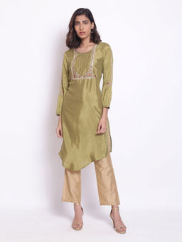 WISHFUL by W - Olive Green Embroidered Kurta