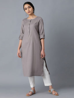 W - Grey Round Neck Solid Kurta