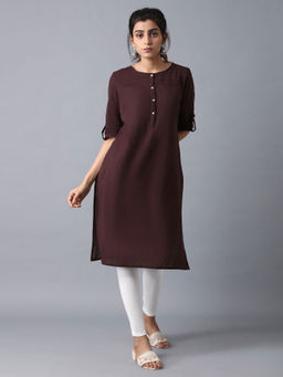 W - Brown Round Neck Solid Kurta
