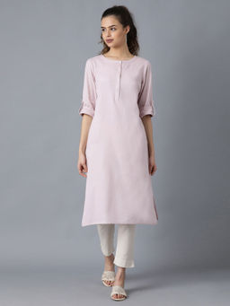 W - Purple Round Neck Solid Kurta