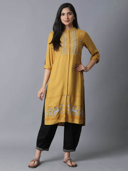 W - Yellow Embroidered and Printed Shirt Kurta