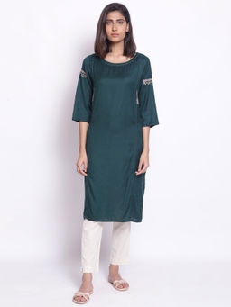 W - Dark Green Solid Straight Kurta