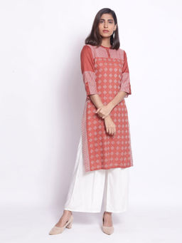 W - Orange Geometric Print Straight Kurta