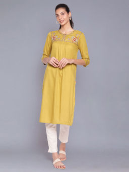 W - Celery Green Embroidered Yoke Kurta
