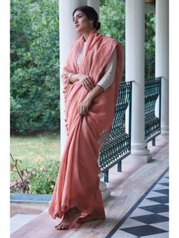 Dressfolk - peach beautifully handwoven linen with golden zari buttas