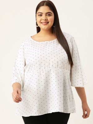 Women's White Polka Dot Printed Extended Sleeves Top