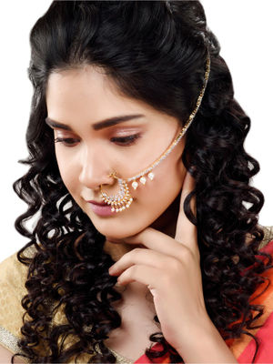 Saraf RS Jewellery Gold Plated Ad & Pearl Studded Handcrafted Nose Ring